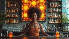 a woman wearing an apron stands behind a bar